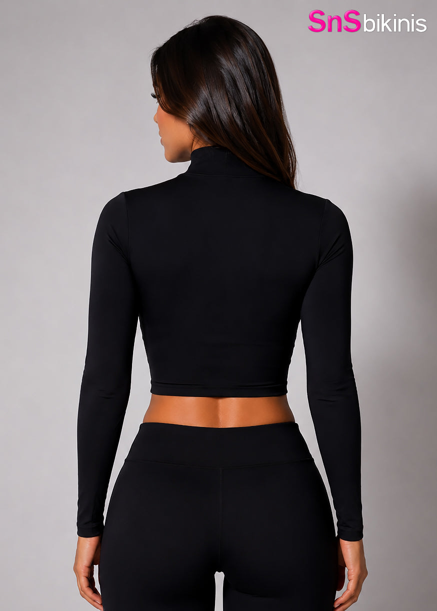 Elite Zip-Up Crop Top - High Neck Long Sleeve Activewear Top