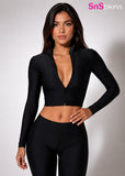 Elite Zip-Up Crop Top - High Neck Long Sleeve Activewear Top